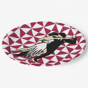 Tango Dancers on Maroon and White Geometric Paper Plate