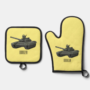 Tank cartoon illustration oven mitt & pot holder set