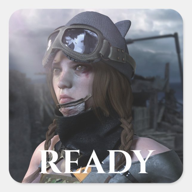 TANK GIRL WITH "READY" UNDERNEATH SQUARE STICKER (Front)