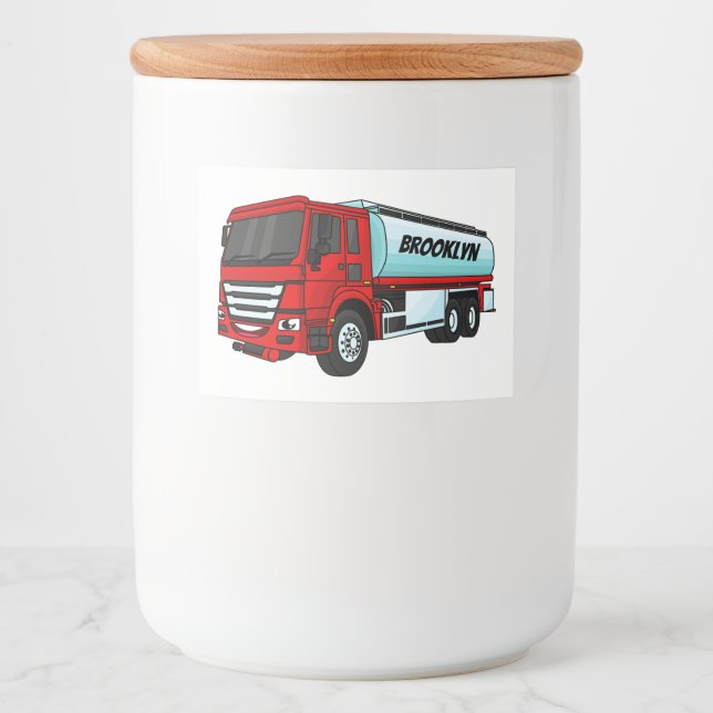 Tanker truck fuel transport cartoon illustration food label (Front)