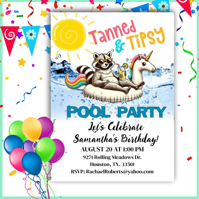 Tanned & Tipsy Racoon Birthday Pool Party Invitation (Creator Uploaded)