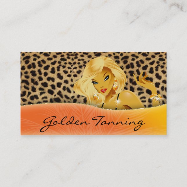 Tanning Business Card Blonde Leopard Orange Yellow (Front)