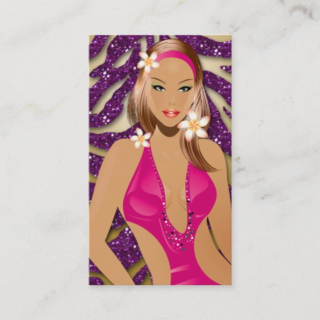 Tanning Business Card Sparkle Zebra Purple Gold (Front)