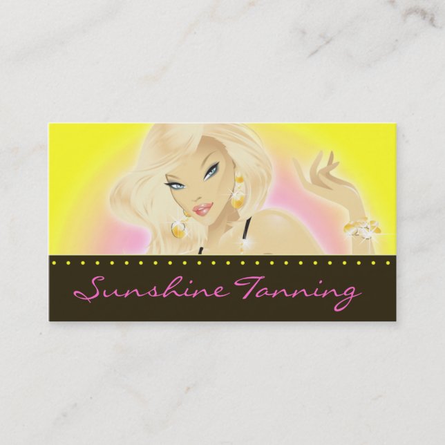 Tanning Salon Pretty Blonde Woman Yellow Business Card (Front)