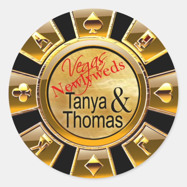 Tanya & Thomas Las Vegas Casino Chip black/gold Classic Round Sticker (Front)