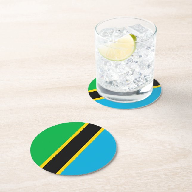Tanzania flag round paper coaster (Insitu)