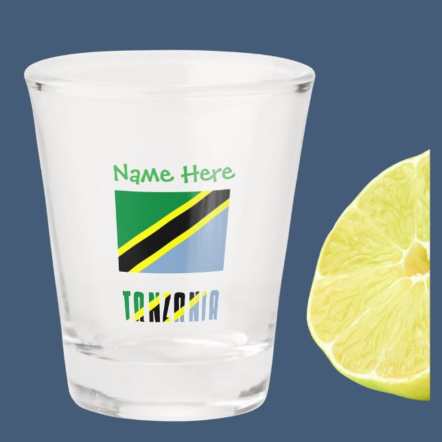 Tanzania Tanzanian Flag Green Personalised  Shot Glass (Shot glass has Tanzanian flag with words TANZANIA below in flag colors. Add a name above.)