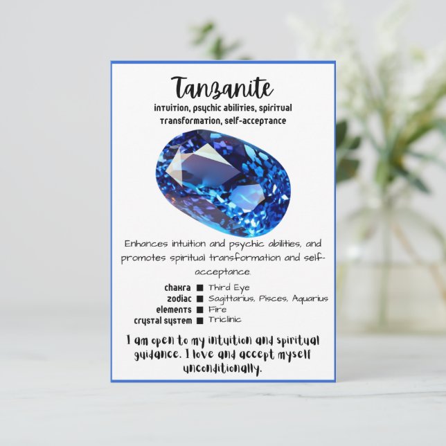Tanzanite Crystal Meaning Card (Standing Front)