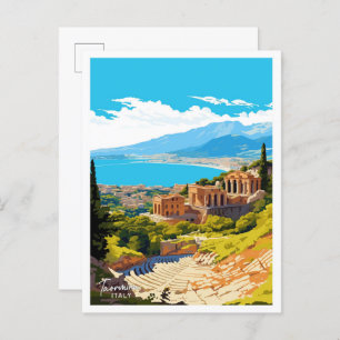 Taormina Italy Travel Vintage illustration Postcard
