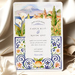 Taormina Sicily & Italian Tile Watercolor Wedding Invitation<br><div class="desc">Invite your guests to a romantic celebration in the heart of Sicily with this stunningly artistic wedding invitation. The design beautifully captures the iconic charm of Taormina, featuring a breathtaking watercolor illustration of the coastal town, the serene blue sea, and the majestic Mount Etna in the background. The scene is...</div>