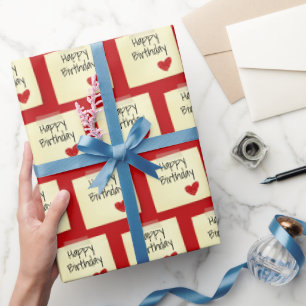Taped Post It Note With Red Birthday Heart Wrapping Paper