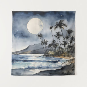 Tapestry Full Moon Watercolor Tropical Beach Palms