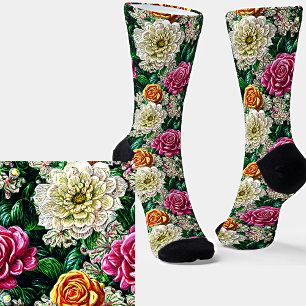 Tapestry Illustration Pink White Gold Flowers  Socks