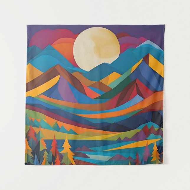 Tapestry Modern Art Mountains Moon Colourful Art (Front)