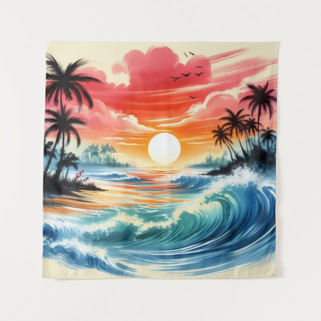Tapestry Sunset Ocean Waves Tropical Beach Art (Front)