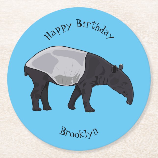 Tapir cartoon illustration round paper coaster (Front)
