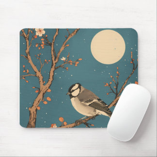 Tapis De Souris - Moonlit Bird on Blossom Branch Mouse Pad