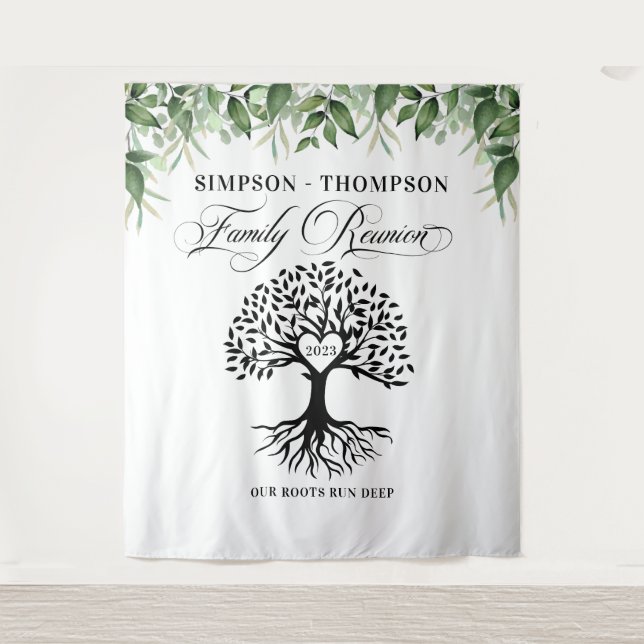 Tapiz Family reunion greenery tree backdrop banner Tapestry (Front)