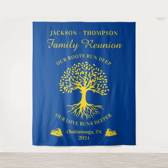Tapiz Family reunion tree backdrop banner blue Tapestry (Front)