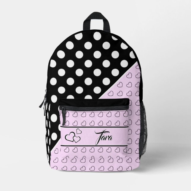 'Tara' Name Template - Black, Pink And White Printed Backpack (Front)