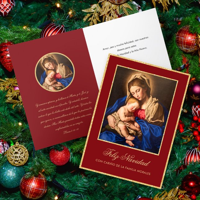 Tarjeta de Navidad Virgen María y Jesús Christmas Holiday Card (Tarjeta navideña religiosa roja y dorada en español con la Virgen y el Niño)