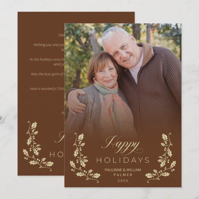 Tarjeta Festiva Brown Whimsical Script Quote Photo Holiday Card (Front/Back)