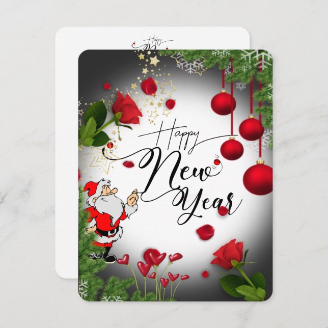 Tarjeta festiva plana para año nuevo  con rosas holiday card (Front/Back)