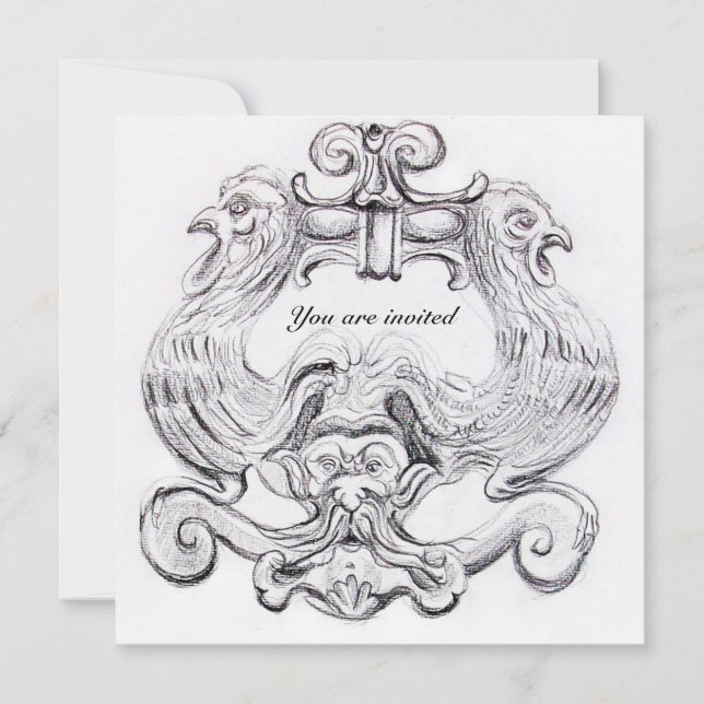 TAROT/ ANTIQUE FLORENTINE GROTESQUE Black White Invitation (Front)