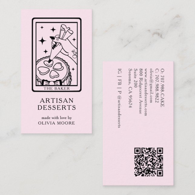 Tarot Artisan Baker Dessert Caterer QR Code Pink Business Card (Front/Back)