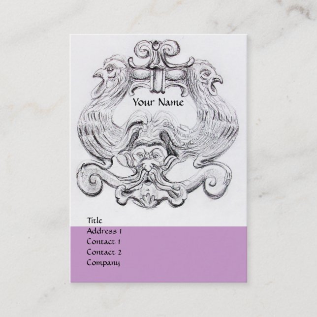 TAROT BLACK WHITE GROTESQUE DRAWING MONOGRAM Lilac Business Card (Front)