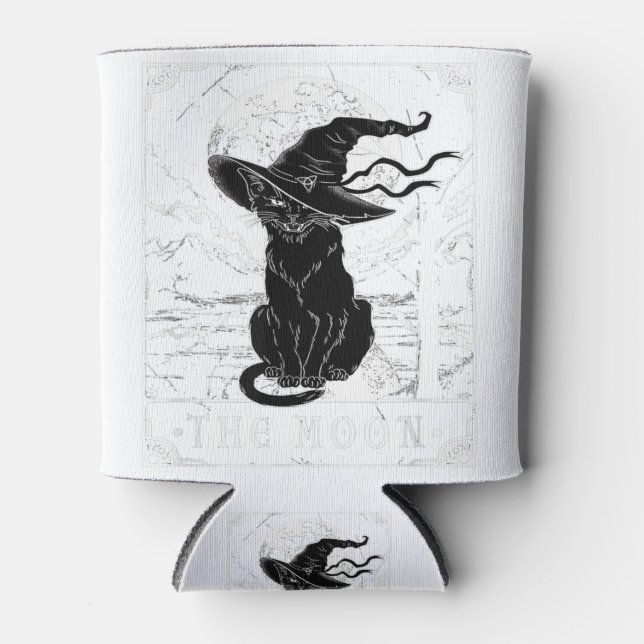 Tarot Card Crescent Moon And Black Cat Witch Hat H Can Cooler (Front)