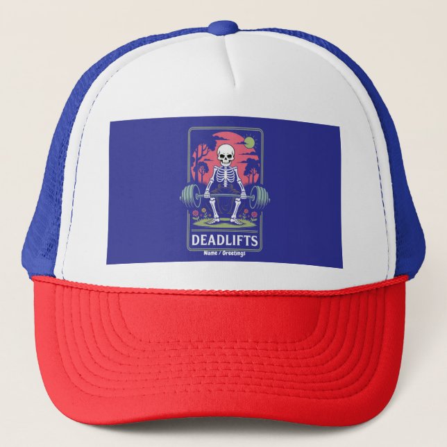 Tarot Card Deadlifts Funny Skeleton Workout Design Trucker Hat (Front)