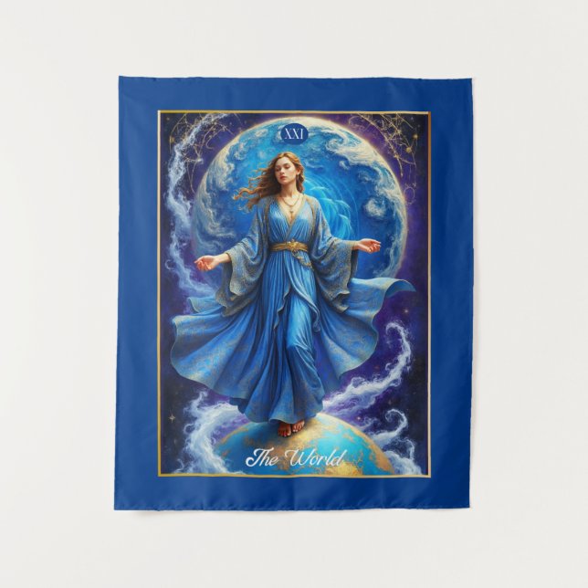 Tarot Card, the World, in Deep Blue  Tapestry (Front)