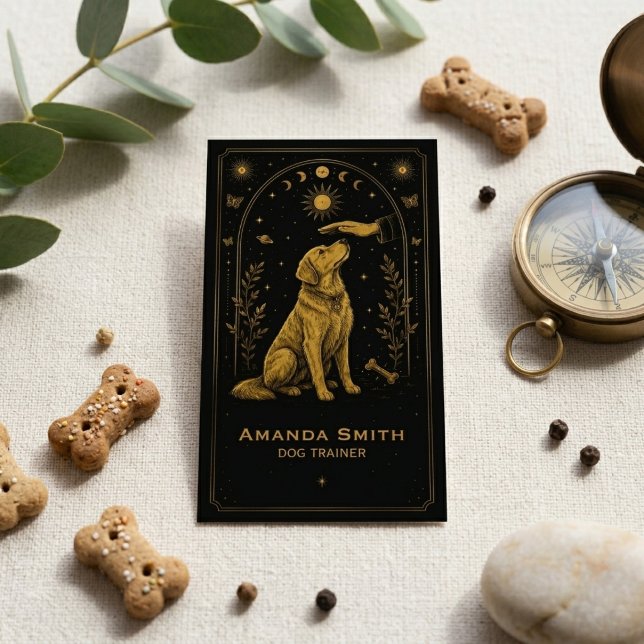 Tarot Dog Trainer Black Gold Boho Business Card (Creator Uploaded)