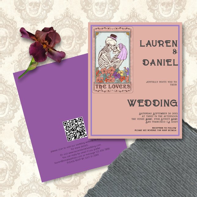 Tarot lover Minimalist Text QR Code Gothic Wedding (Tarot Lovers Wedding Invite Front and Back view)