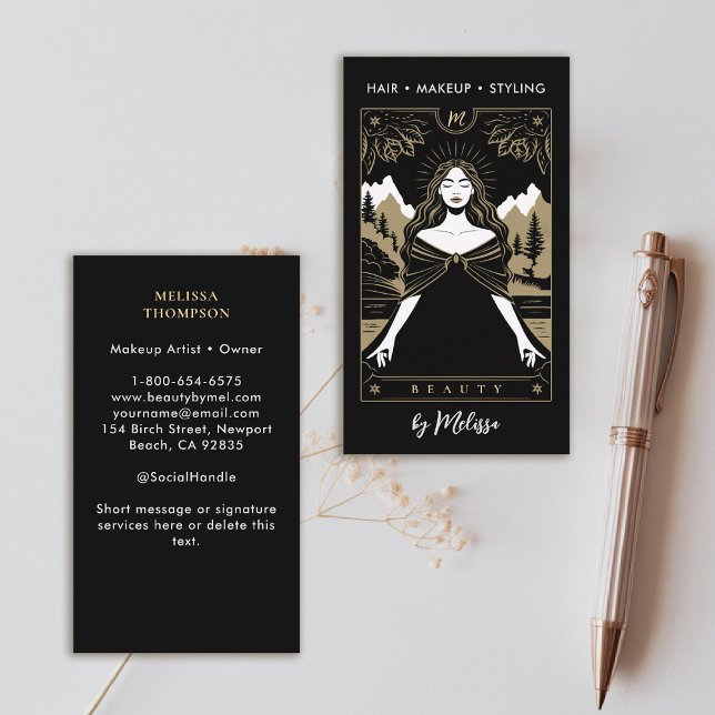 Tarot Mountains Goddess Modern Elegant Black Gold Business Card (tarot business card mountains nature mystical gold black makeup hair lashes psychic reiki healer)