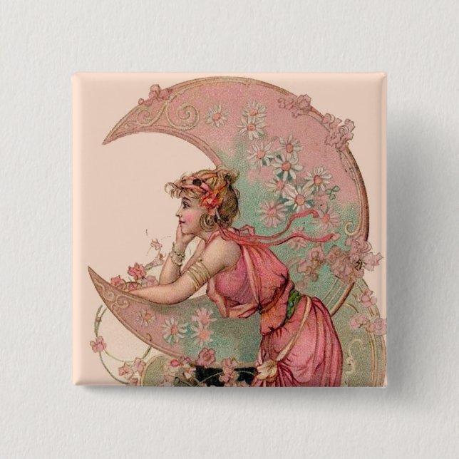 TAROTS / LADY OF THE MOON WITH FLOWERS IN PINK 15 CM SQUARE BADGE (Front)