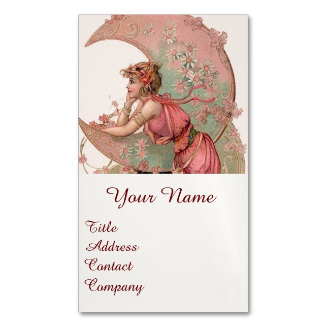 TAROTS / LADY OF THE MOON WITH FLOWERS IN PINK MAGNETIC BUSINESS CARD (Front Vertical)
