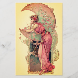 TAROTS/ LADY OF THE MOON WITH FLOWERS Pink Yellow Stationery