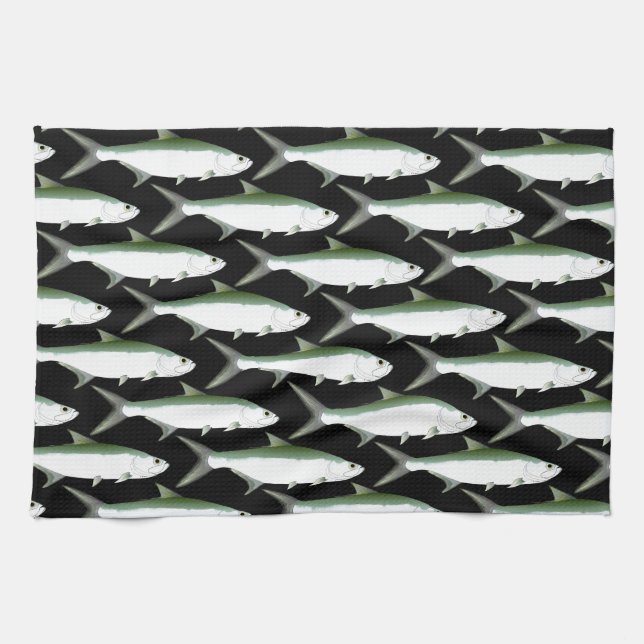 Tarpon pattern on black tea towel (Horizontal)