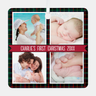 Tartan 4 Photo Collage Baby's First Christmas  Metal Tree Decoration
