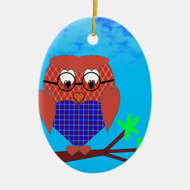 Tartan and Hearts Owl Ceramic Tree Decoration (Front)