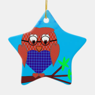 Tartan and Hearts Owl Ceramic Tree Decoration