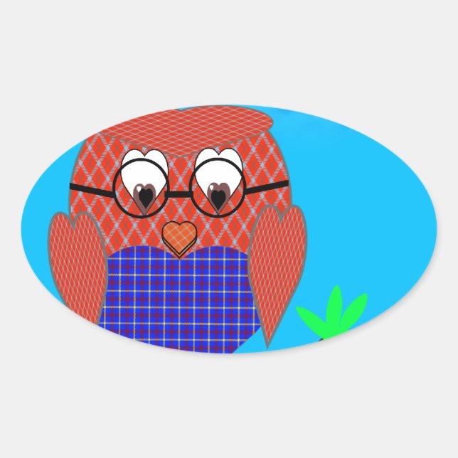 Tartan and Hearts Owl Oval Sticker (Front)