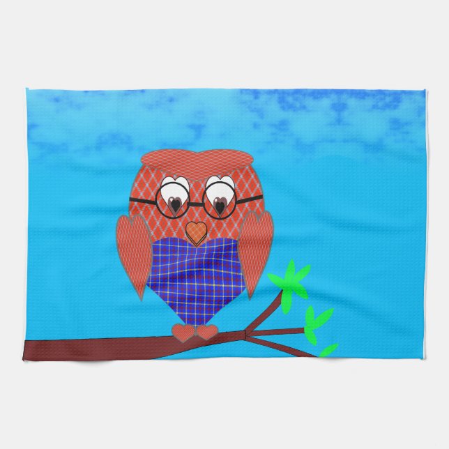 Tartan and Hearts Owl Tea Towel (Horizontal)