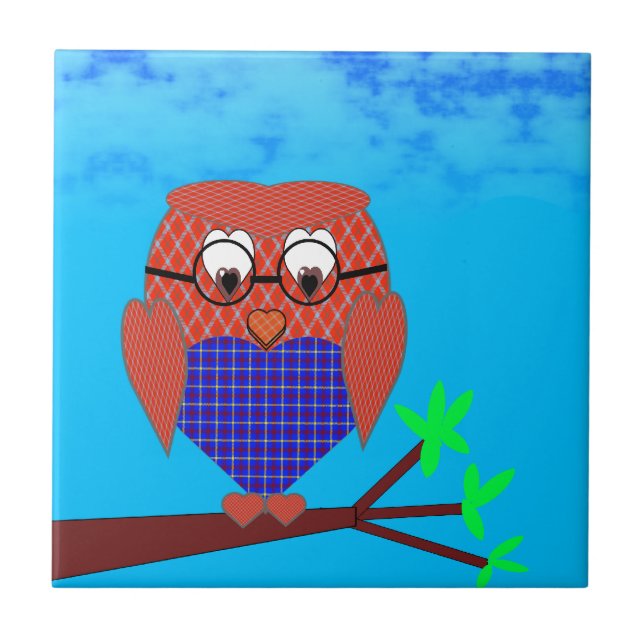 Tartan and Hearts Owl Tile (Front)
