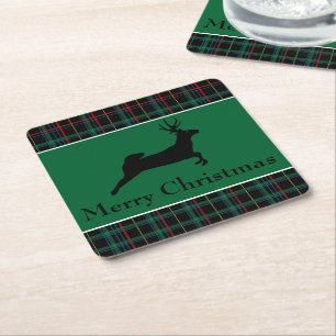 Tartan and Reindeer Christmas Square Paper Coaster