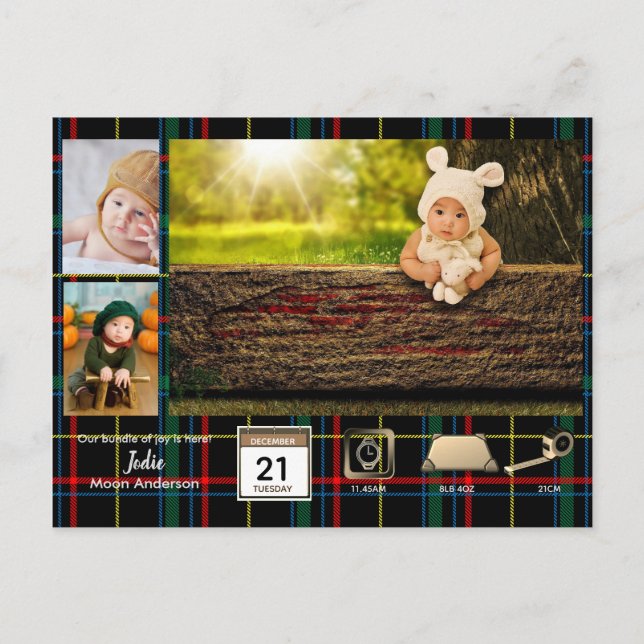 Tartan BABY STATS Photo Collage Announcement Postcard (Front)