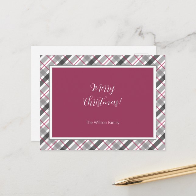 Tartan Balmoral Black Grey Burgundy Monogrammed Holiday Postcard (Front/Back In Situ)