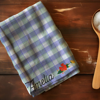 Tartan blue green simple wildflower pattern name tea towel